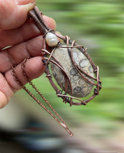 Coral Fossil Pendant With Fresh Water Pearl Accent