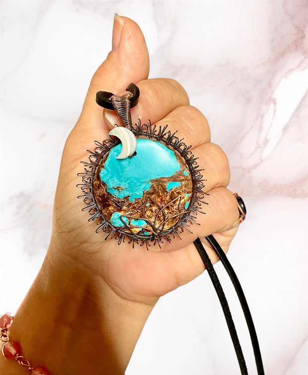 Copper Turquoise Sun, Moon & Lotus Pendant