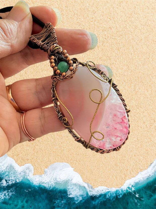 Pink Druzy Agate Wire Wrapped Pendant