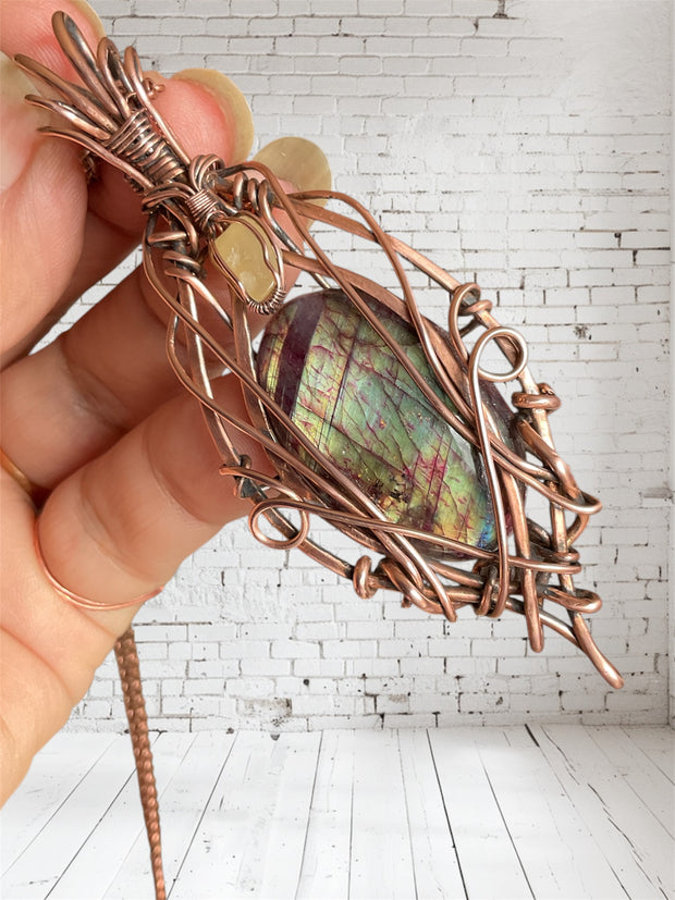 Purple and Green Labradorite Wire Wrapped Pendant