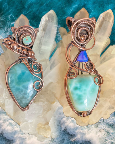 Larimar Wire Wrapped Pendants with Ethiopian Opal Accents