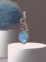 Rainbow Moonstone Pendant Wire Wrapped in Sterling Silver