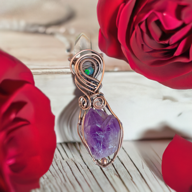 Amethyst Elestial Pendant with Ethiopian Opal Accent