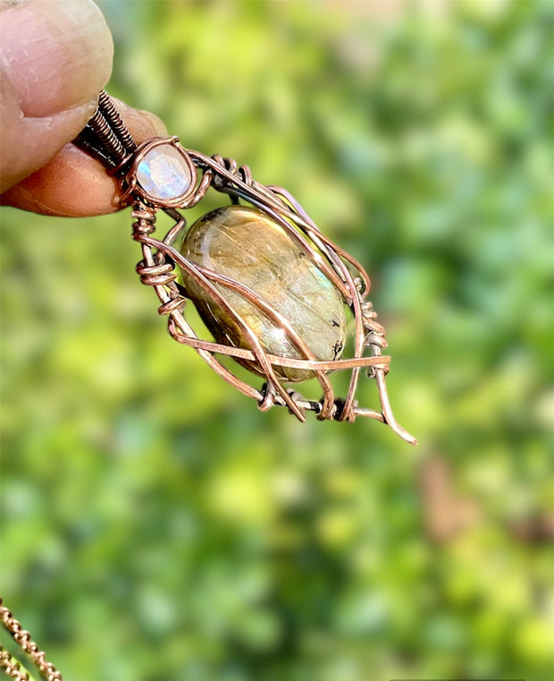 Labradorite With Moonstone Wire Wrapped Pendant