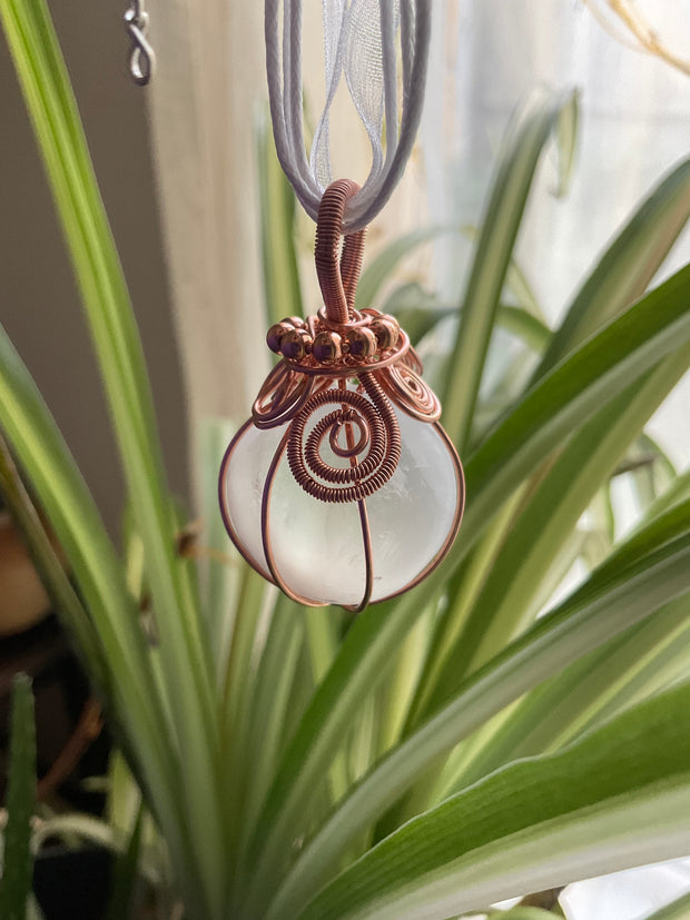 Selenite Gemstone Orb Wire Wrapped Pendant