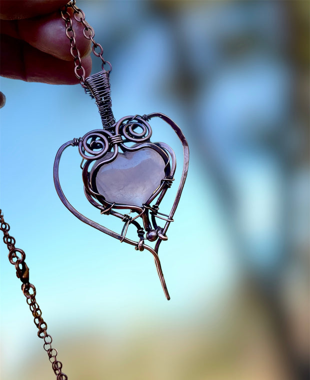 Rose Quartz Puffy Heart Wire Wrapped Pendant