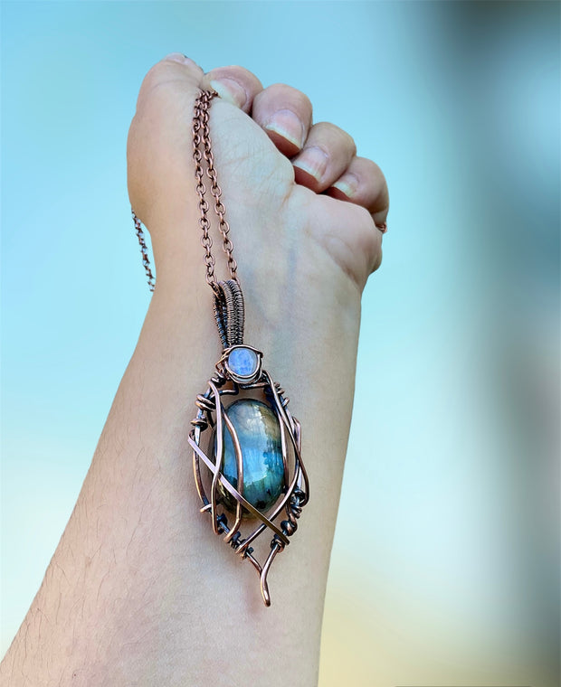 Labradorite With Moonstone Wire Wrapped Pendant