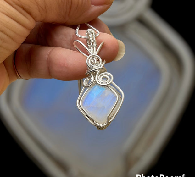 Rainbow Moonstone Wire Wrapped in .925 Sterling Silver - Connie’s Crystals 