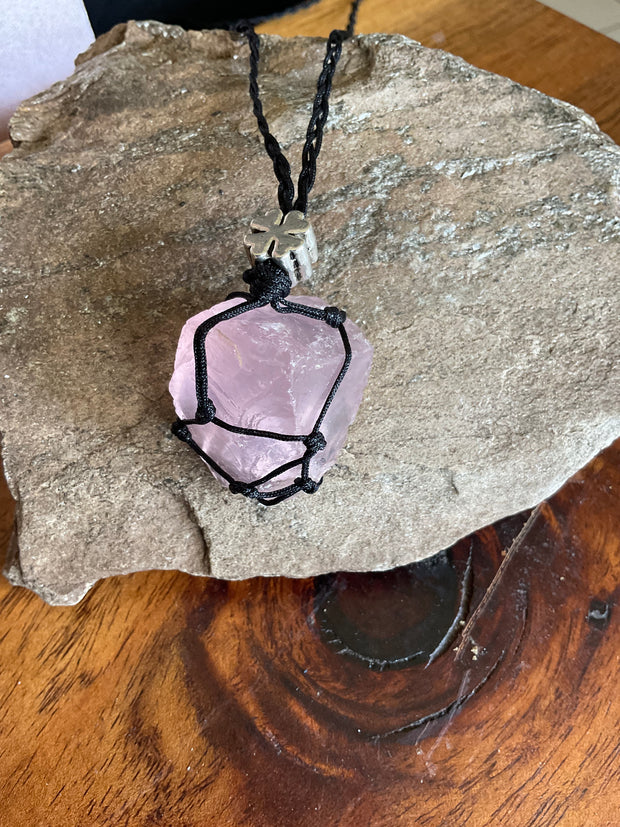 Rough Rose Quartz Macramé Wrapped Pendant - Connie’s Crystals 