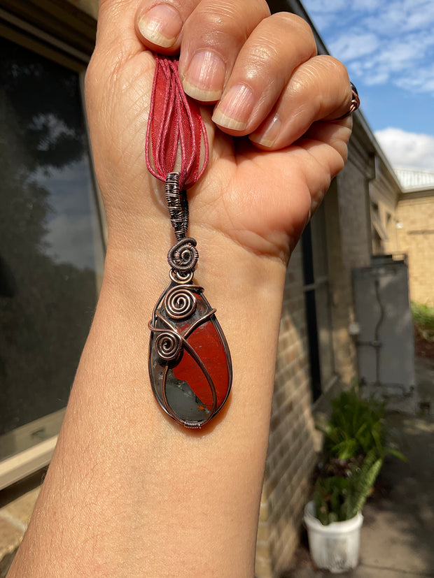 Bloodstone Pear Shaped Wire Wrapped Pendant - Connie’s Crystals 