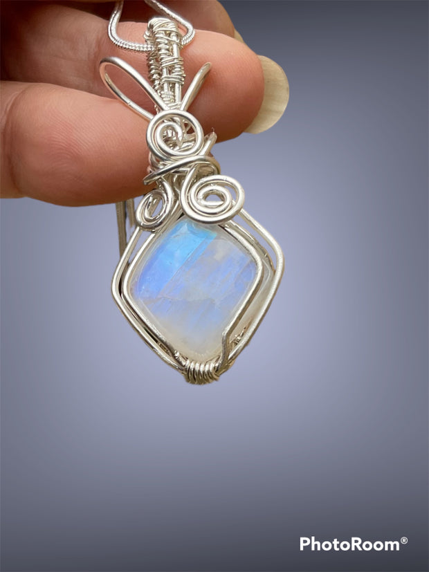 Rainbow Moonstone Wire Wrapped in .925 Sterling Silver - Connie’s Crystals 